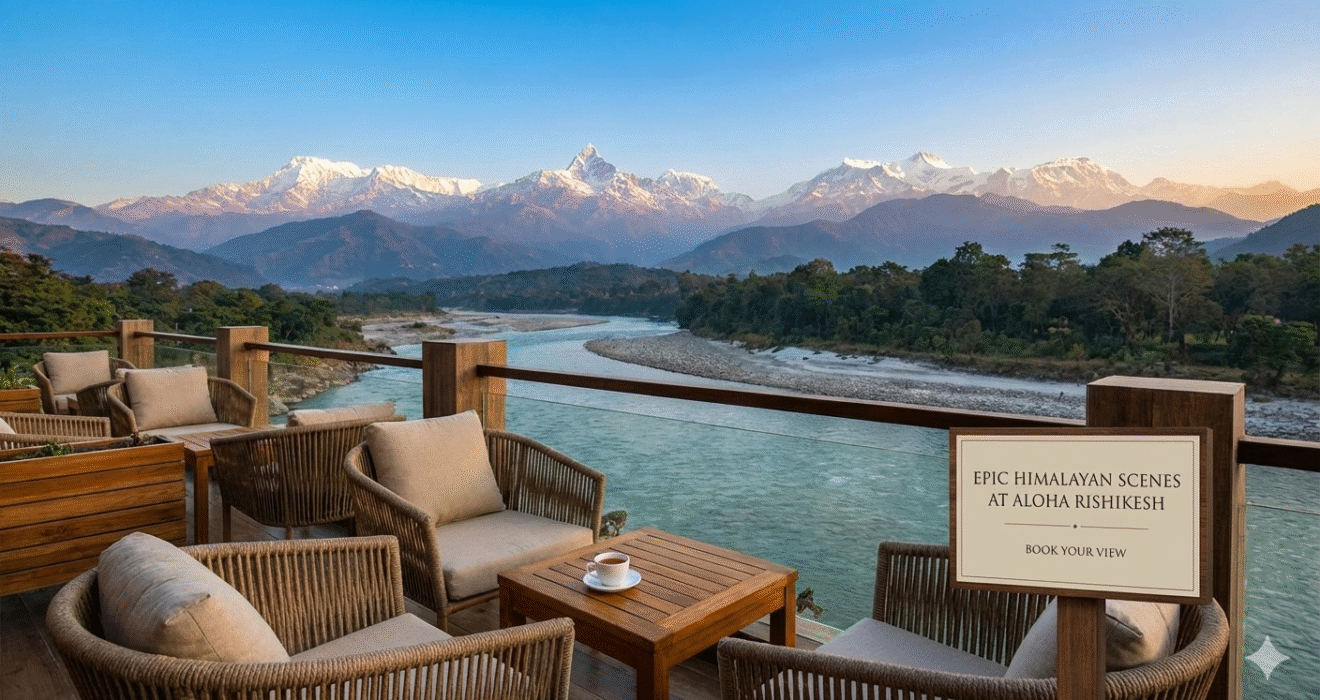 Book Aloha Rishikesh Views for Epic Himalayan Scenes, please ive me make an infographics image withou contact and scan